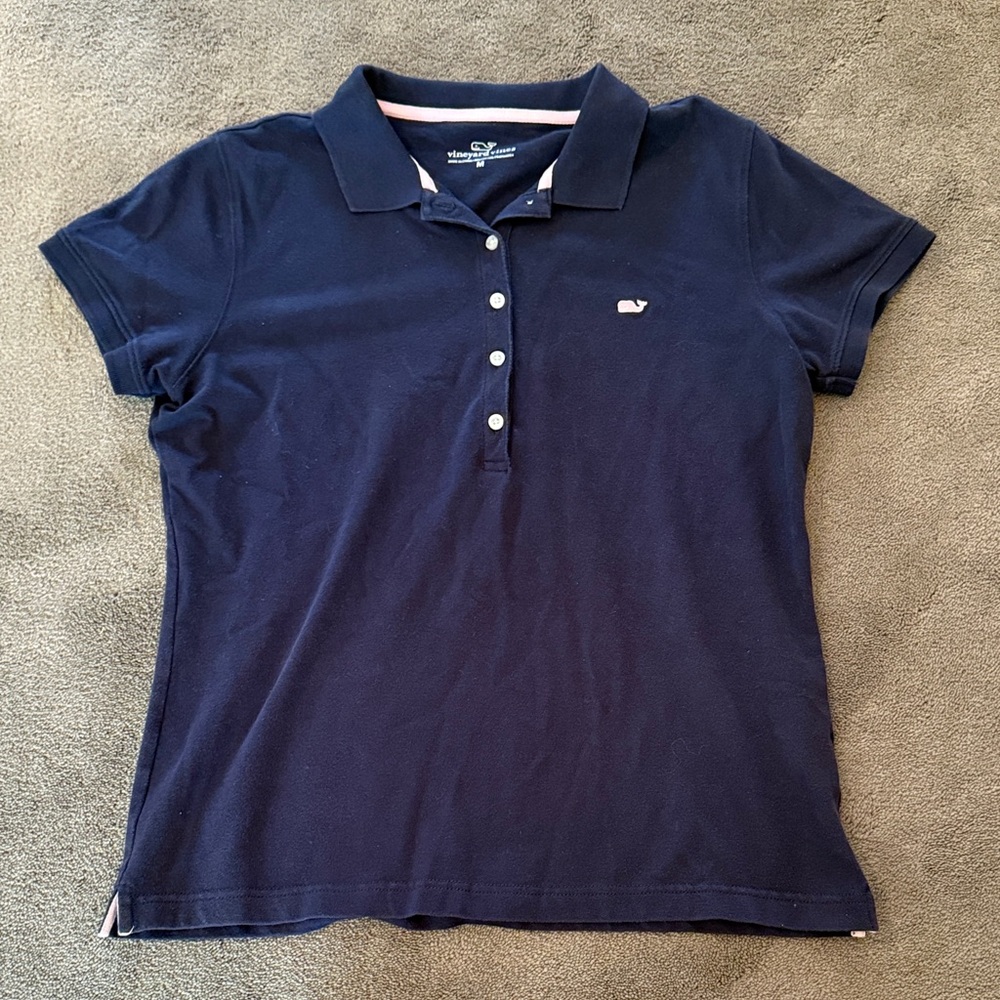 Vineyard Vines Navy Blue Women's Polo with Pink Whale Logo